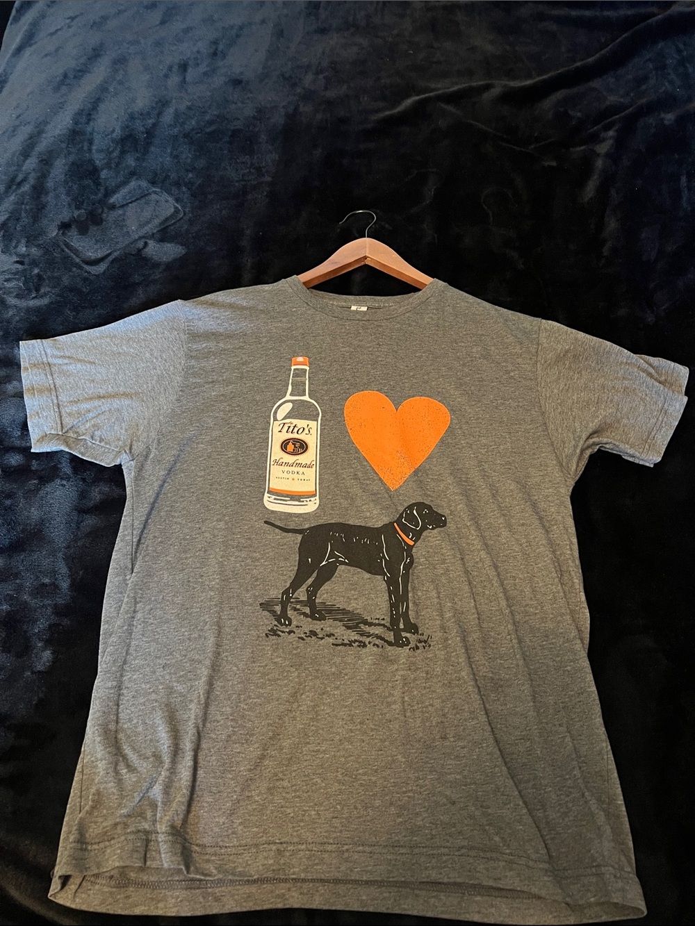 Tito's Grey Short Sleeve Tee with Orange Heart & Dog Graphic